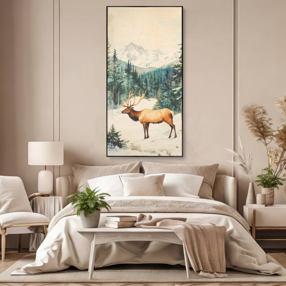 Tablou Canvas Premium LuxCanva® D1050, Cerbul din Muntii Inzapeziti , Cerb, Brazi, Munti, Natura, Zapada, Padure, Living Room, Culori vibrante