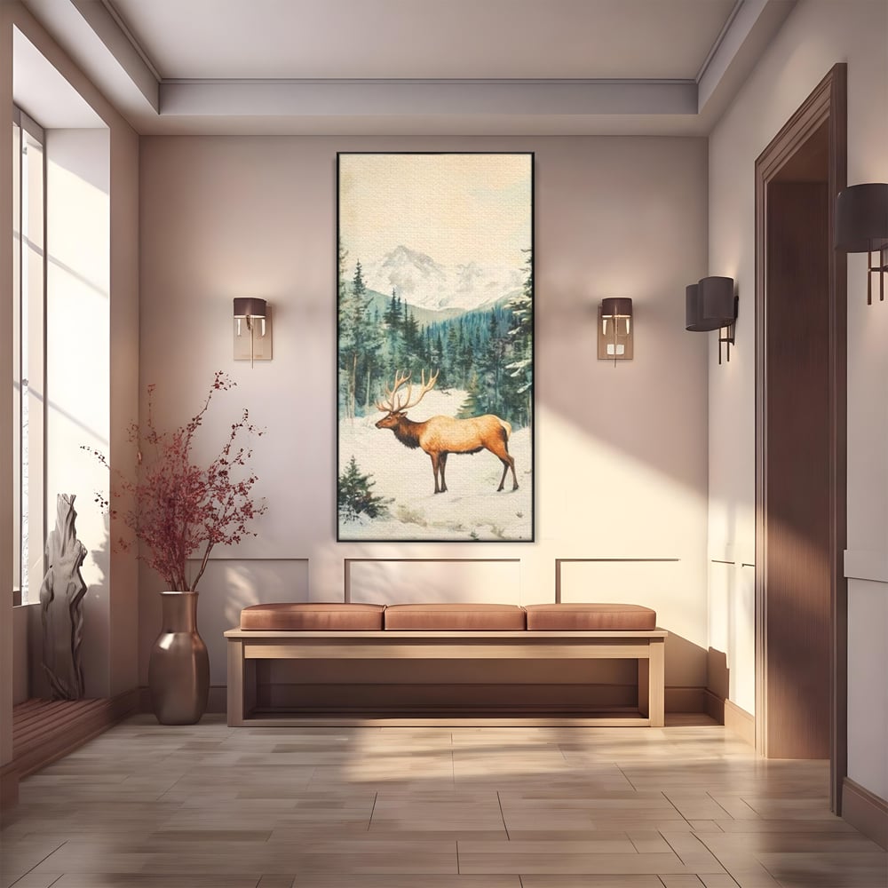 Tablou Canvas Premium LuxCanva® D1050, Cerbul din Muntii Inzapeziti , Cerb, Brazi, Munti, Natura, Zapada, Padure, Living Room, Culori vibrante