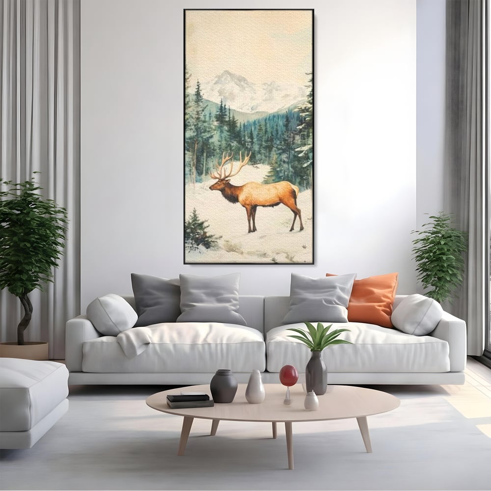 Tablou Canvas Premium LuxCanva® D1050, Cerbul din Muntii Inzapeziti , Cerb, Brazi, Munti, Natura, Zapada, Padure, Living Room, Culori vibrante