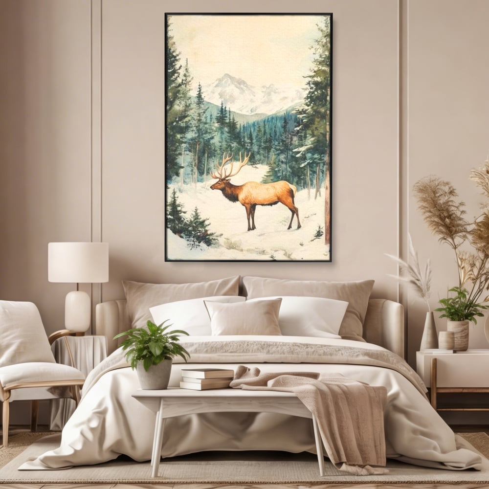 Tablou Canvas Premium LuxCanva® D1050, Cerbul din Muntii Inzapeziti , Cerb, Brazi, Munti, Natura, Zapada, Padure, Living Room, Culori vibrante
