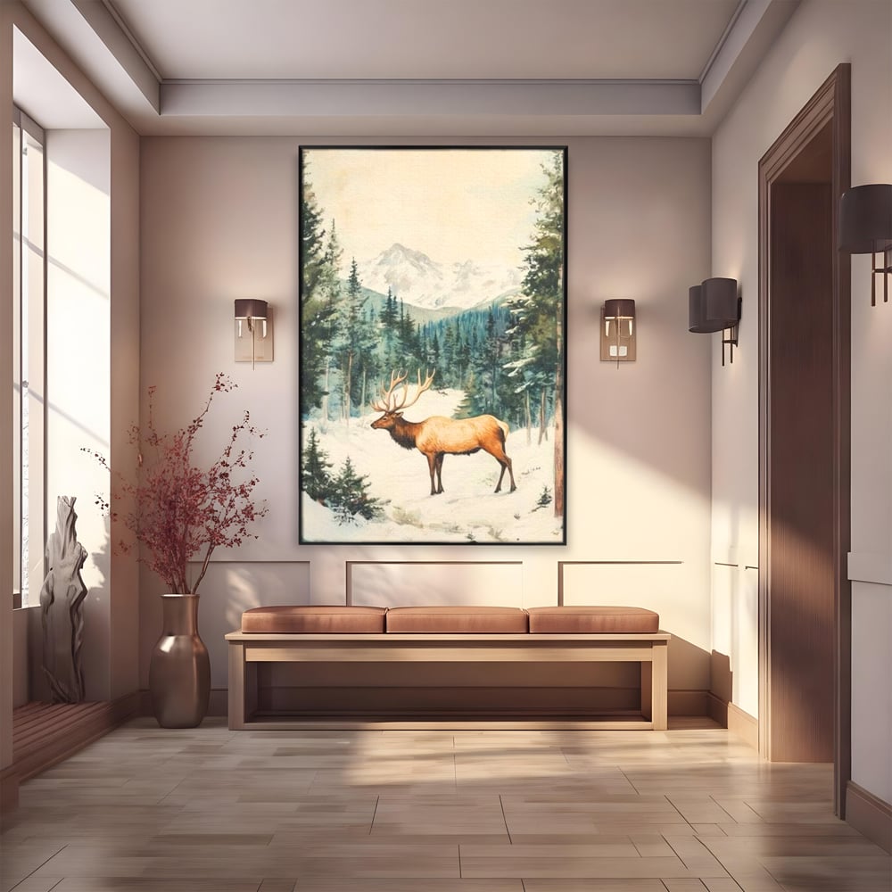 Tablou Canvas Premium LuxCanva® D1050, Cerbul din Muntii Inzapeziti , Cerb, Brazi, Munti, Natura, Zapada, Padure, Living Room, Culori vibrante