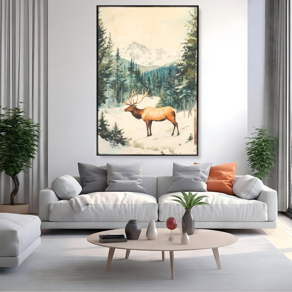 Tablou Canvas Premium LuxCanva® D1050, Cerbul din Muntii Inzapeziti , Cerb, Brazi, Munti, Natura, Zapada, Padure, Living Room, Culori vibrante