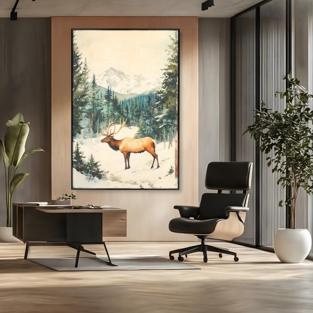 Tablou Canvas Premium LuxCanva® D1050, Cerbul din Muntii Inzapeziti , Cerb, Brazi, Munti, Natura, Zapada, Padure, Living Room, Culori vibrante