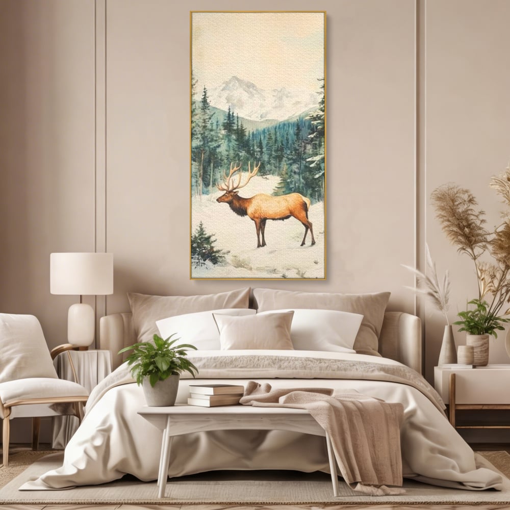 Tablou Canvas Premium LuxCanva® D1050, Cerbul din Muntii Inzapeziti , Cerb, Brazi, Munti, Natura, Zapada, Padure, Living Room, Culori vibrante