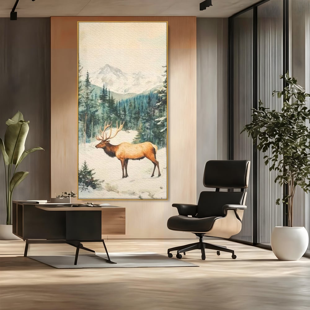 Tablou Canvas Premium LuxCanva® D1050, Cerbul din Muntii Inzapeziti , Cerb, Brazi, Munti, Natura, Zapada, Padure, Living Room, Culori vibrante