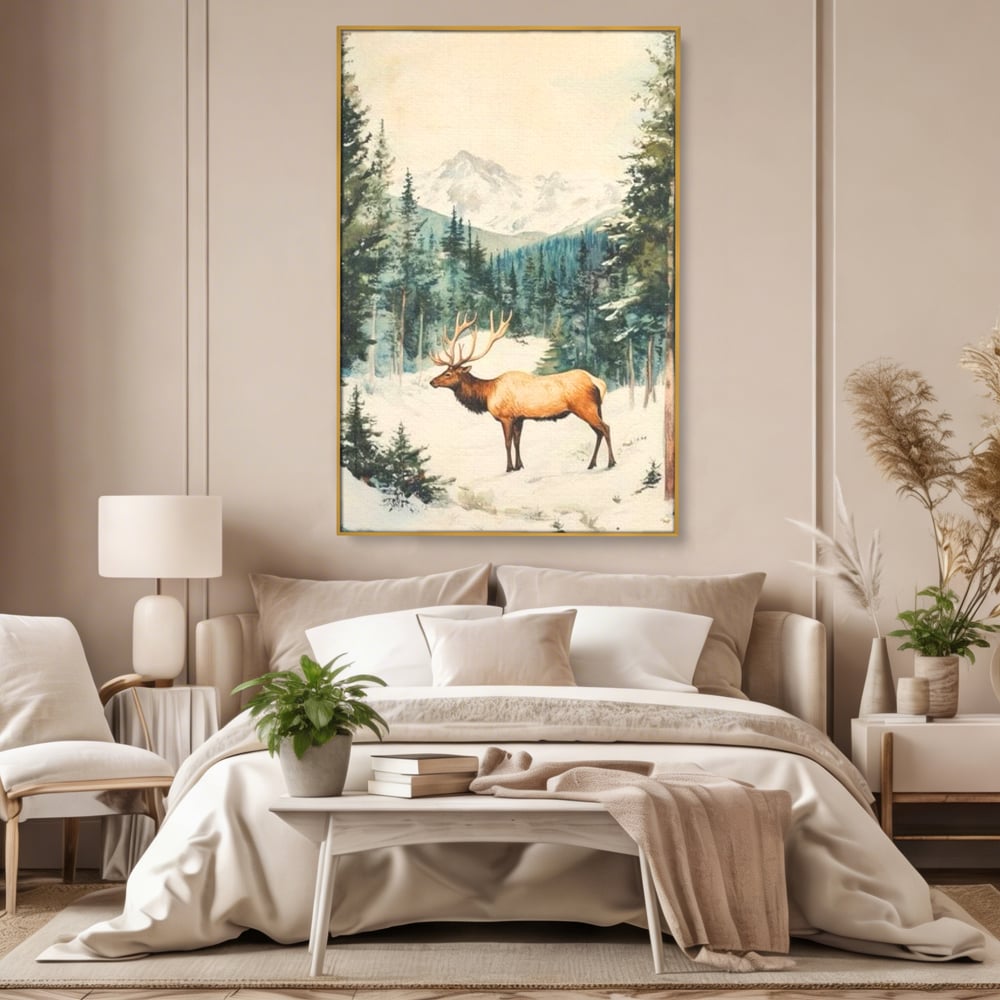 Tablou Canvas Premium LuxCanva® D1050, Cerbul din Muntii Inzapeziti , Cerb, Brazi, Munti, Natura, Zapada, Padure, Living Room, Culori vibrante