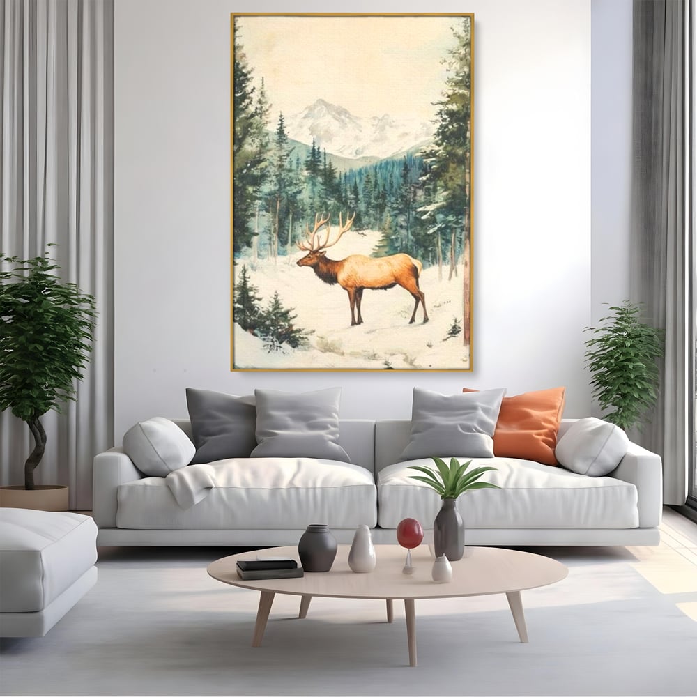 Tablou Canvas Premium LuxCanva® D1050, Cerbul din Muntii Inzapeziti , Cerb, Brazi, Munti, Natura, Zapada, Padure, Living Room, Culori vibrante