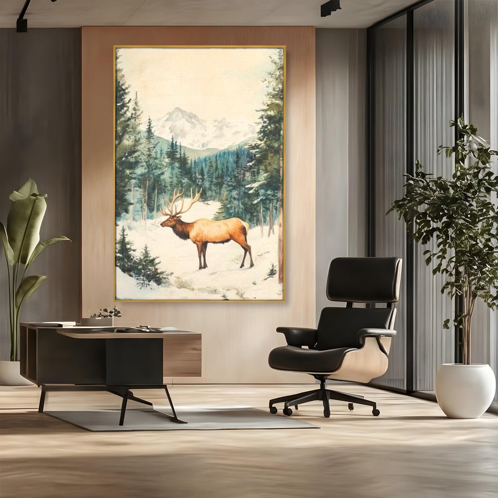 Tablou Canvas Premium LuxCanva® D1050, Cerbul din Muntii Inzapeziti , Cerb, Brazi, Munti, Natura, Zapada, Padure, Living Room, Culori vibrante