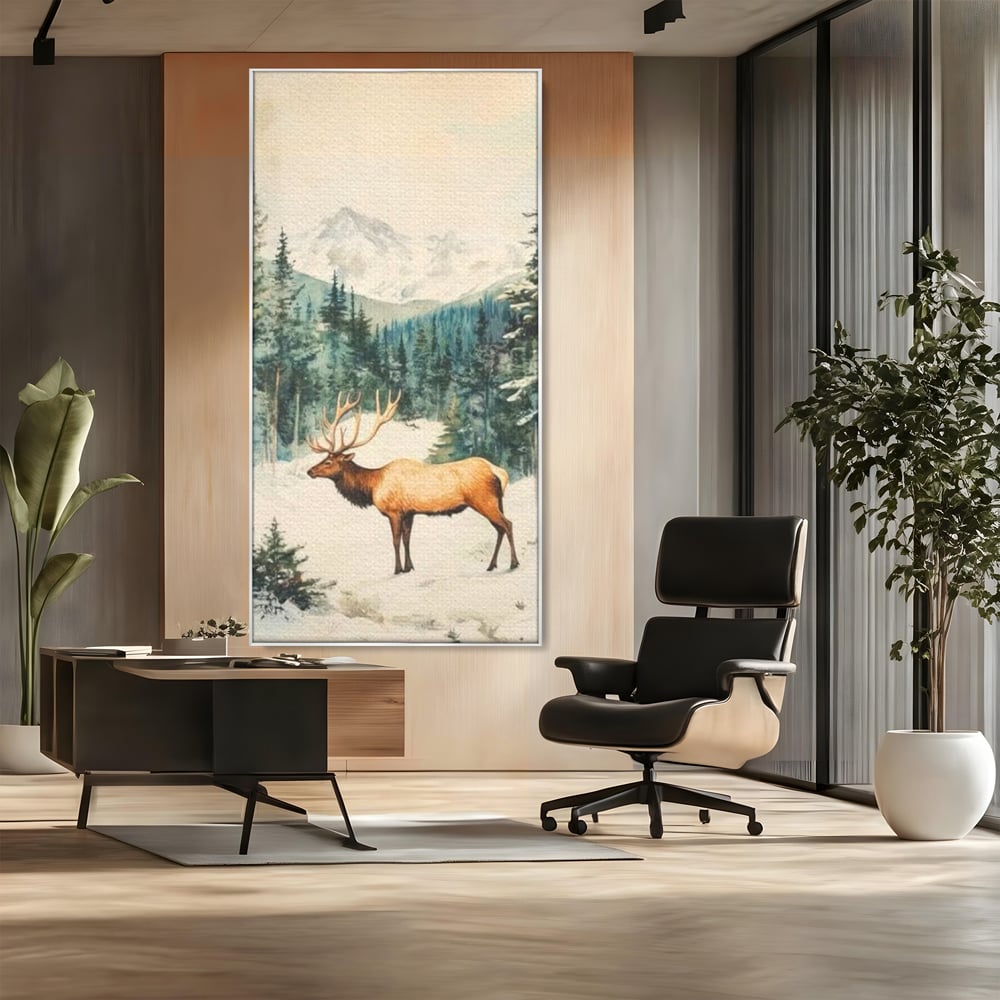 Tablou Canvas Premium LuxCanva® D1050, Cerbul din Muntii Inzapeziti , Cerb, Brazi, Munti, Natura, Zapada, Padure, Living Room, Culori vibrante