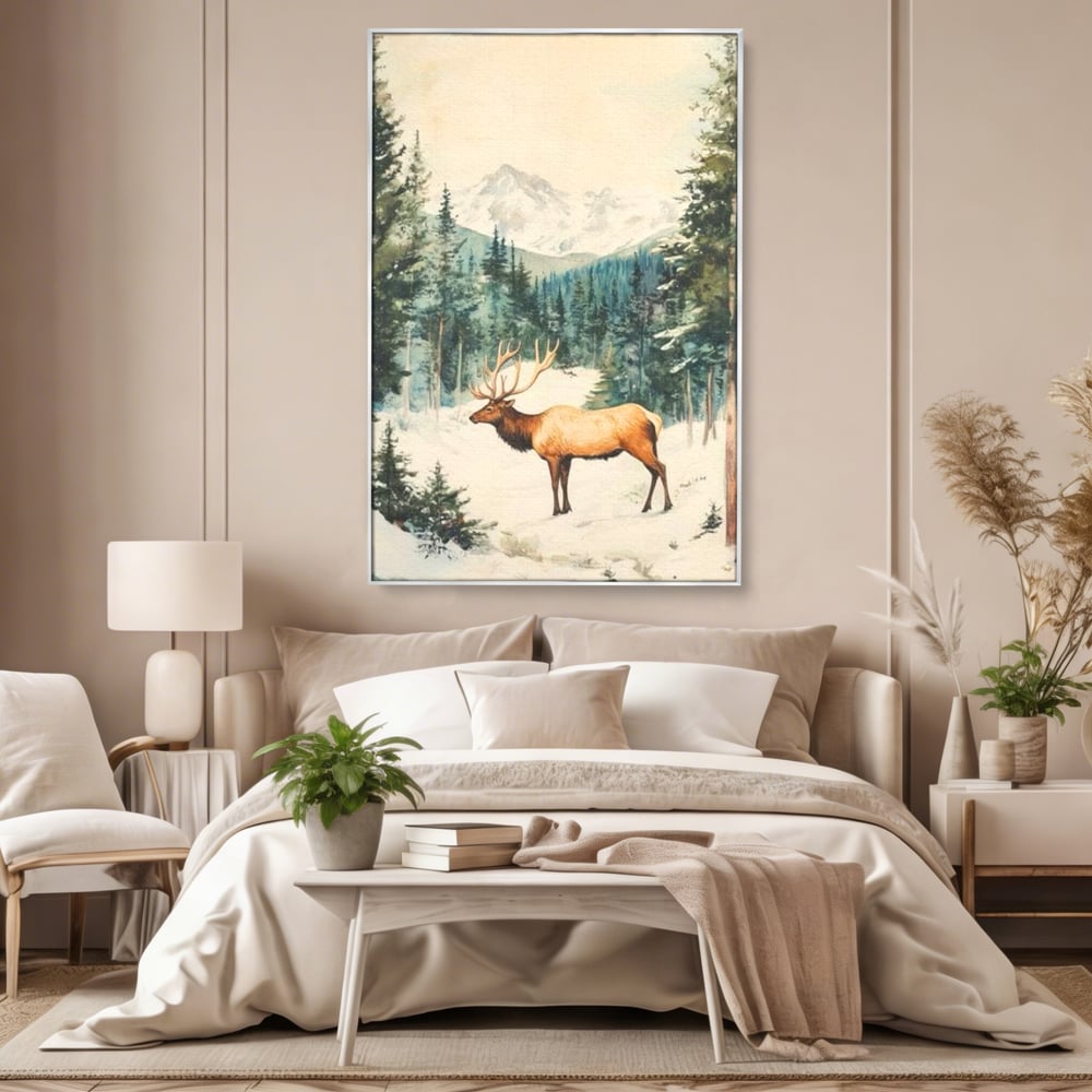 Tablou Canvas Premium LuxCanva® D1050, Cerbul din Muntii Inzapeziti , Cerb, Brazi, Munti, Natura, Zapada, Padure, Living Room, Culori vibrante