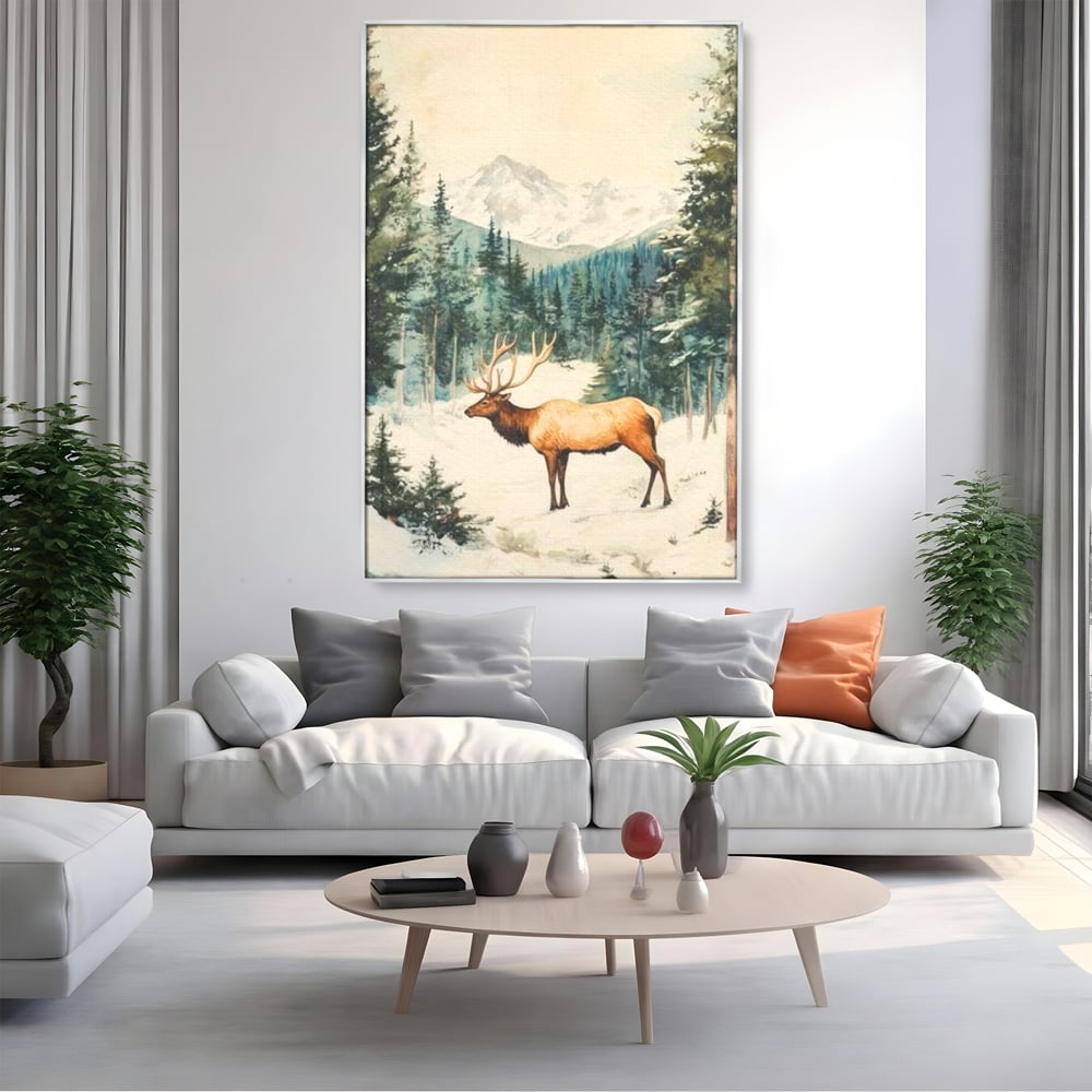 Tablou Canvas Premium LuxCanva® D1050, Cerbul din Muntii Inzapeziti , Cerb, Brazi, Munti, Natura, Zapada, Padure, Living Room, Culori vibrante