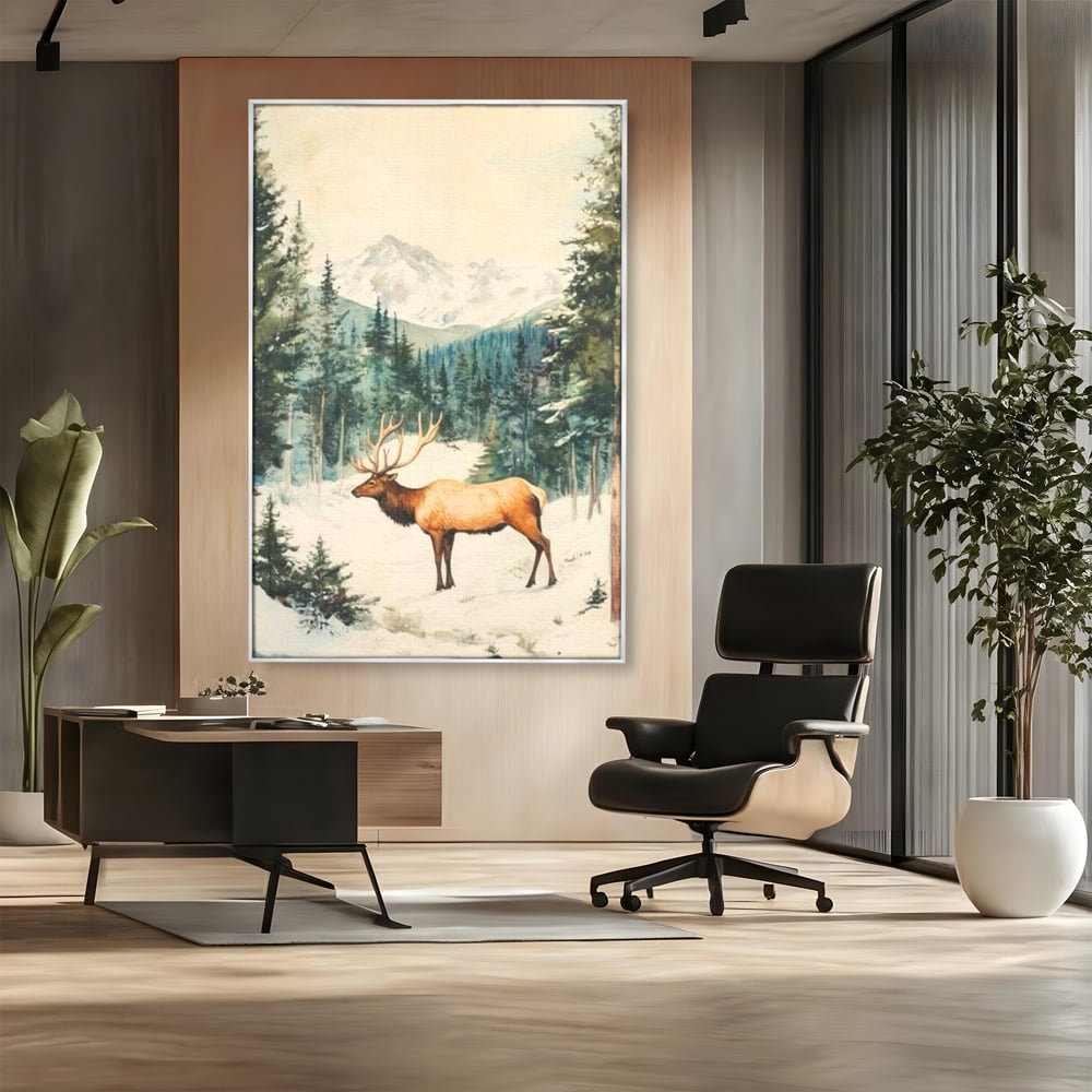 Tablou Canvas Premium LuxCanva® D1050, Cerbul din Muntii Inzapeziti , Cerb, Brazi, Munti, Natura, Zapada, Padure, Living Room, Culori vibrante