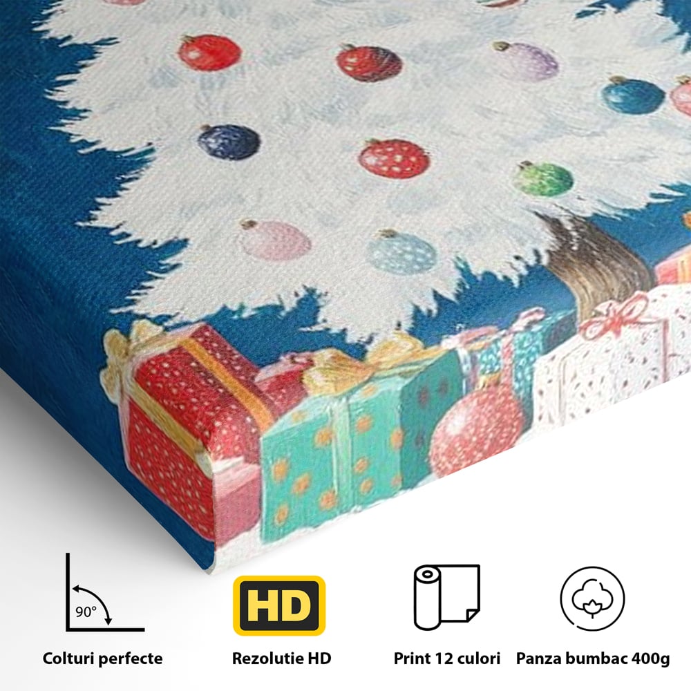 Tablou Canvas Premium LuxCanva® D1051, Farmecul Bradului Alb de Craciun ,  Bradut, Alb, Globulete, Cadouti, Ajun, Copilarie, Living Room, Culori vibrante