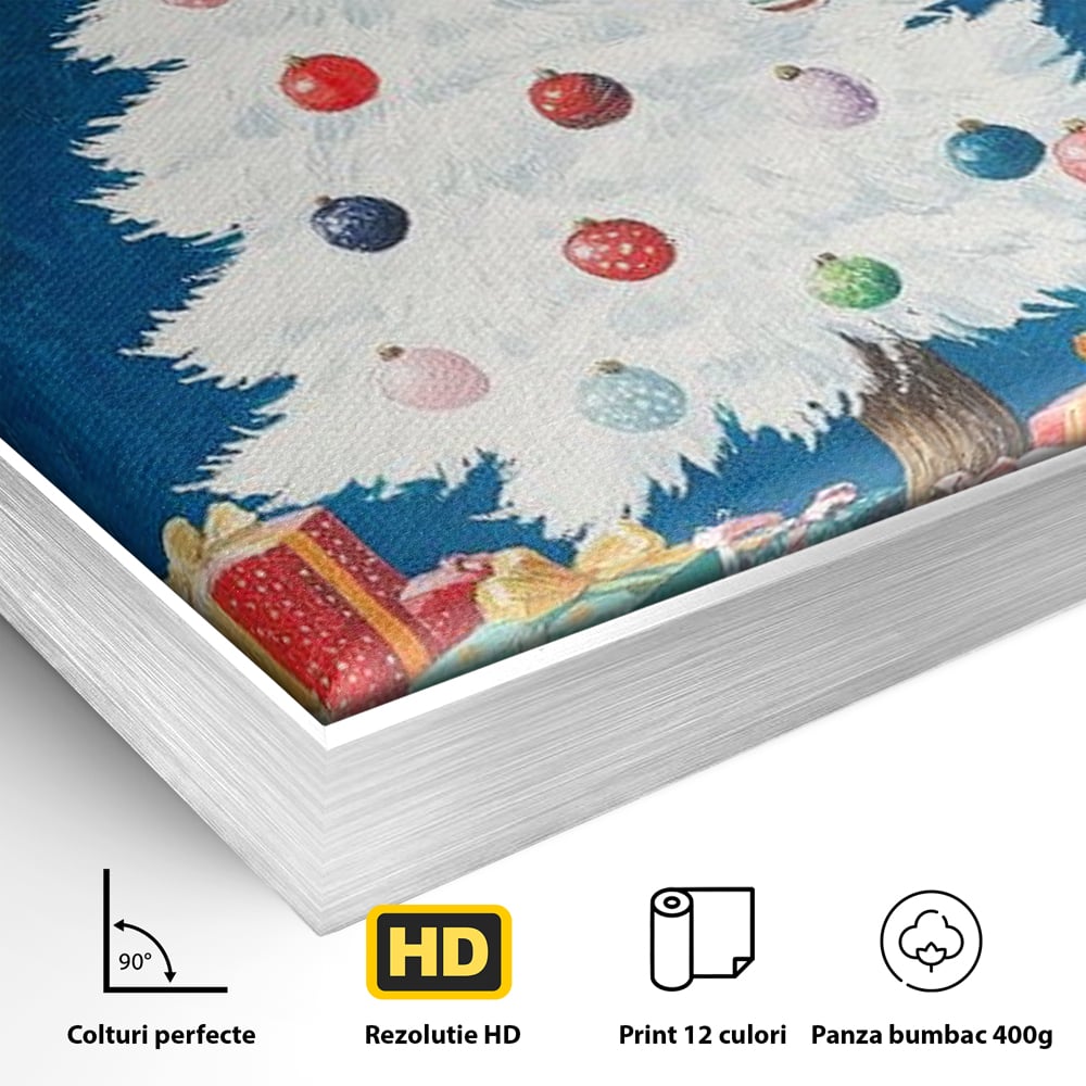 Tablou Canvas Premium LuxCanva® D1051, Farmecul Bradului Alb de Craciun ,  Bradut, Alb, Globulete, Cadouti, Ajun, Copilarie, Living Room, Culori vibrante