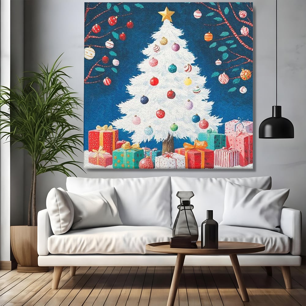 Tablou Canvas Premium LuxCanva® D1051, Farmecul Bradului Alb de Craciun ,  Bradut, Alb, Globulete, Cadouti, Ajun, Copilarie, Living Room, Culori vibrante