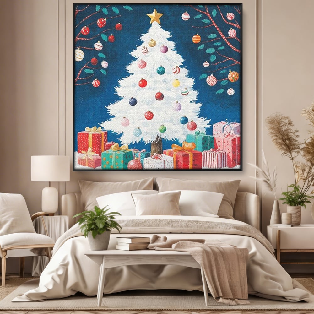 Tablou Canvas Premium LuxCanva® D1051, Farmecul Bradului Alb de Craciun ,  Bradut, Alb, Globulete, Cadouti, Ajun, Copilarie, Living Room, Culori vibrante