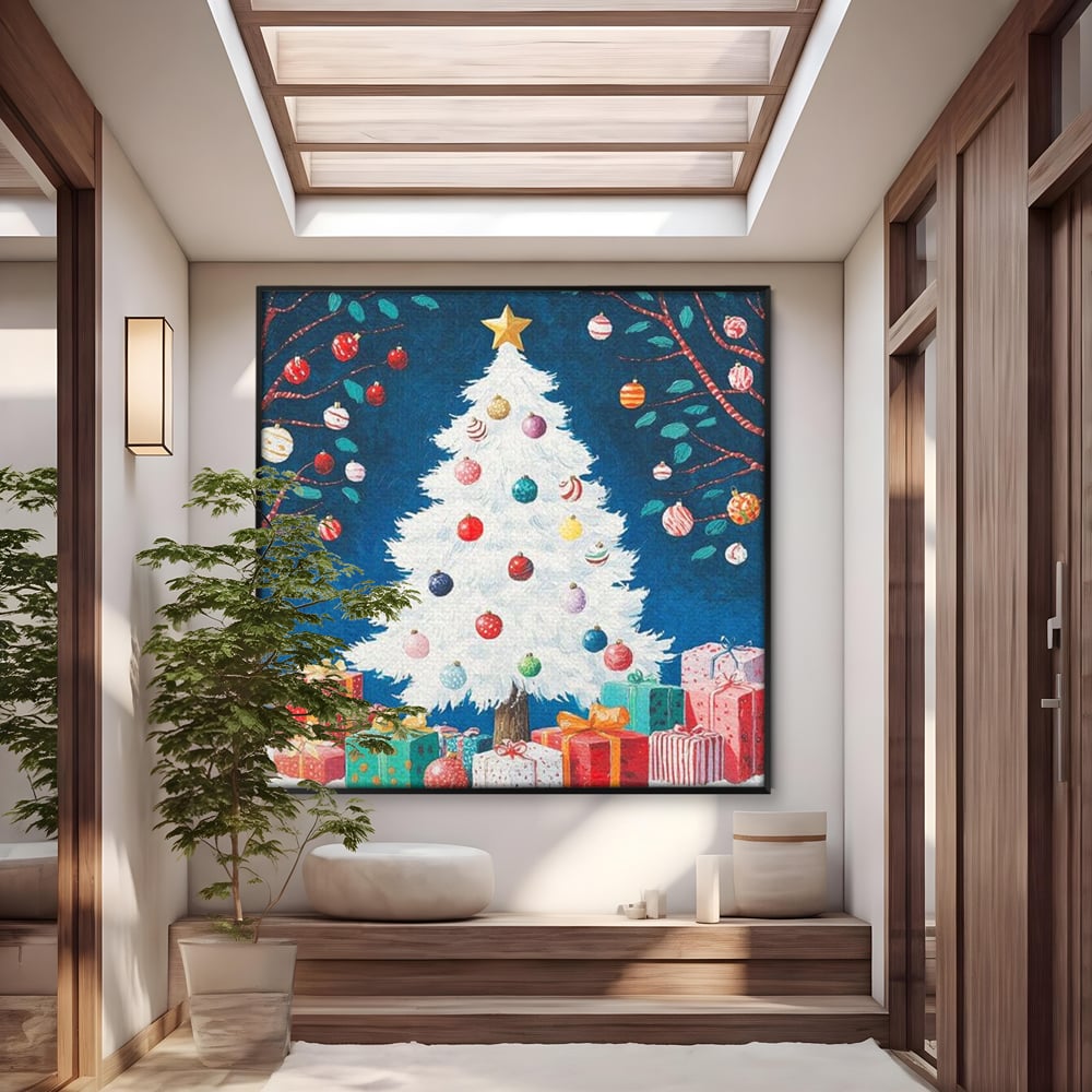 Tablou Canvas Premium LuxCanva® D1051, Farmecul Bradului Alb de Craciun ,  Bradut, Alb, Globulete, Cadouti, Ajun, Copilarie, Living Room, Culori vibrante