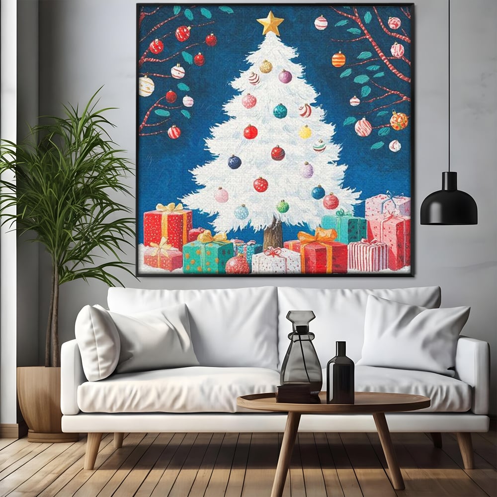 Tablou Canvas Premium LuxCanva® D1051, Farmecul Bradului Alb de Craciun ,  Bradut, Alb, Globulete, Cadouti, Ajun, Copilarie, Living Room, Culori vibrante