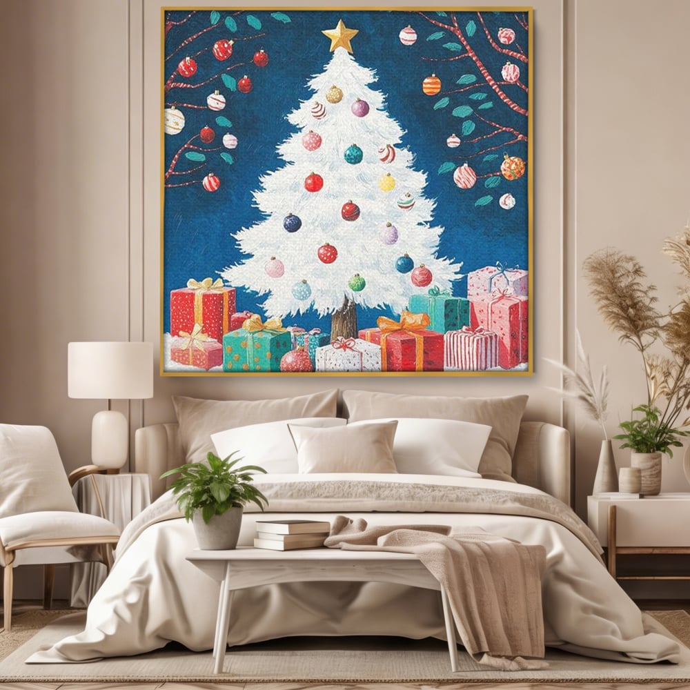Tablou Canvas Premium LuxCanva® D1051, Farmecul Bradului Alb de Craciun ,  Bradut, Alb, Globulete, Cadouti, Ajun, Copilarie, Living Room, Culori vibrante