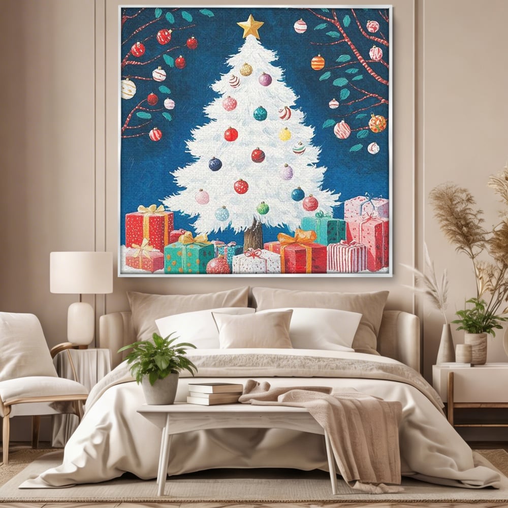 Tablou Canvas Premium LuxCanva® D1051, Farmecul Bradului Alb de Craciun ,  Bradut, Alb, Globulete, Cadouti, Ajun, Copilarie, Living Room, Culori vibrante