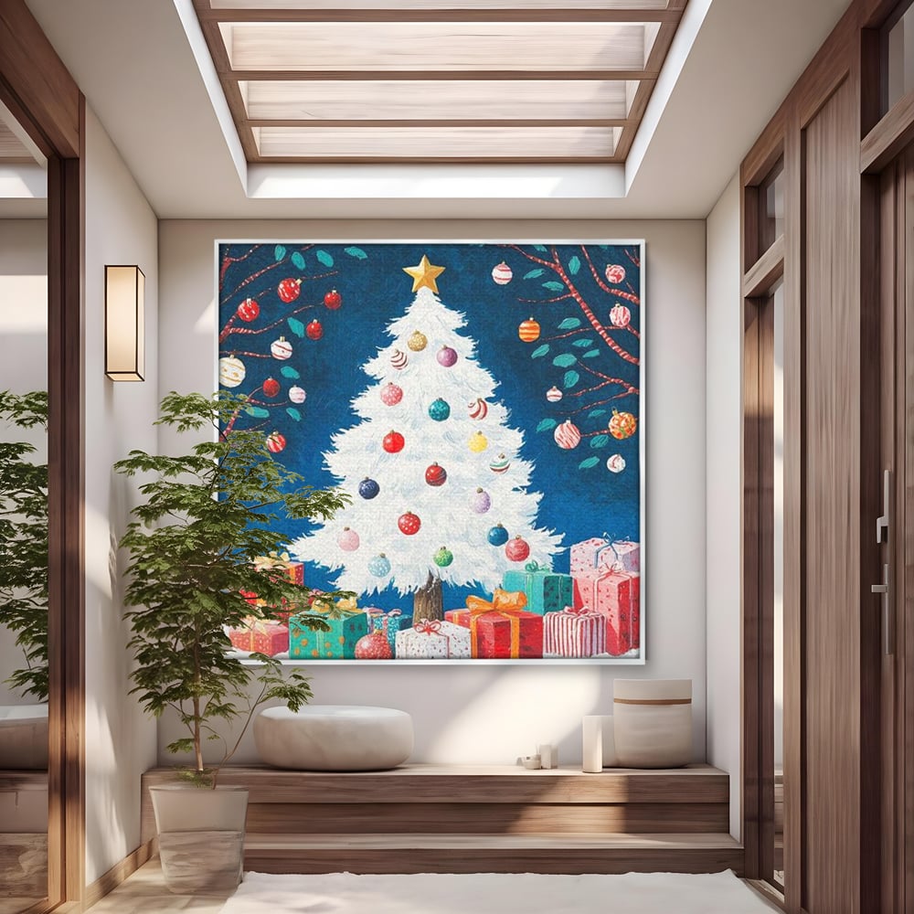 Tablou Canvas Premium LuxCanva® D1051, Farmecul Bradului Alb de Craciun ,  Bradut, Alb, Globulete, Cadouti, Ajun, Copilarie, Living Room, Culori vibrante