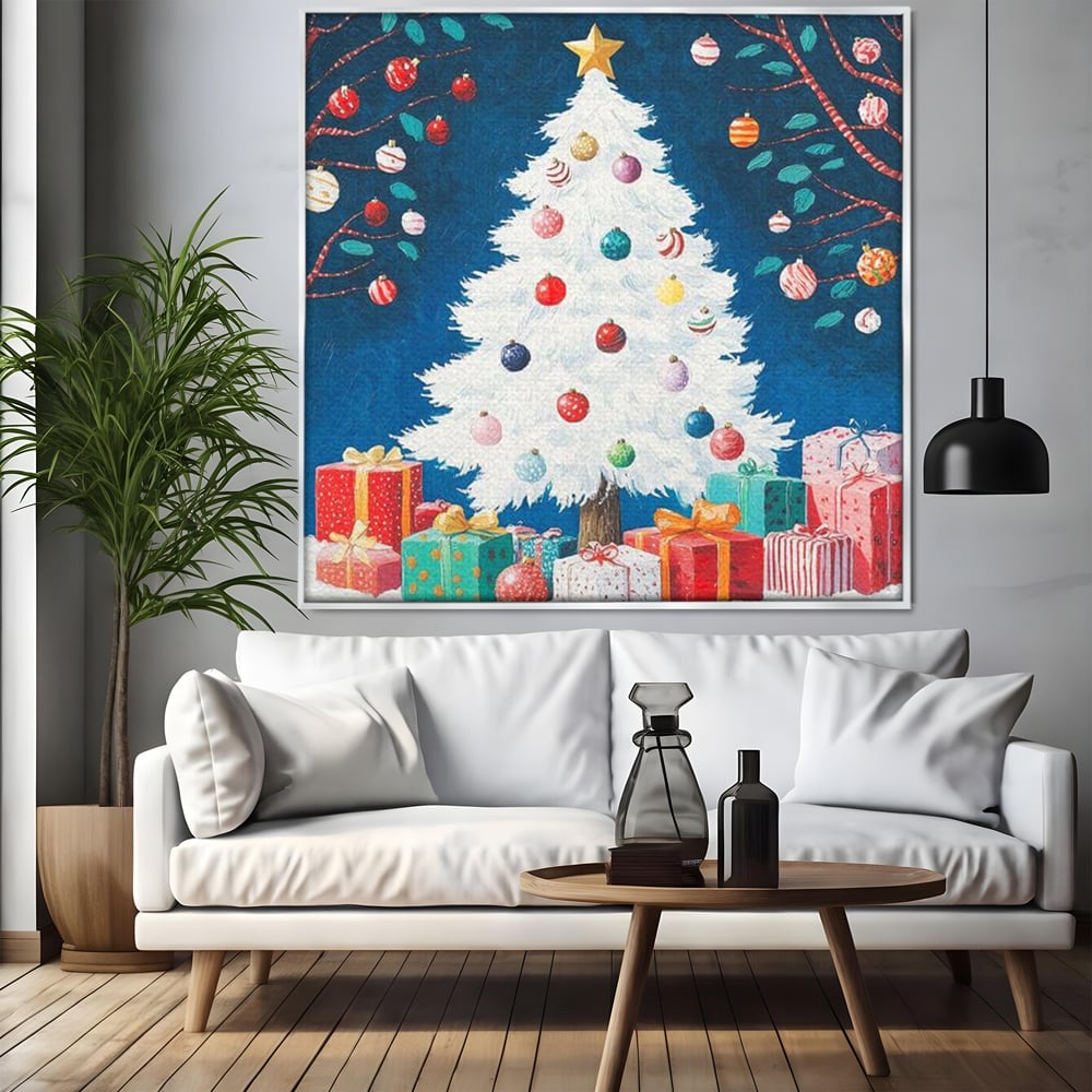 Tablou Canvas Premium LuxCanva® D1051, Farmecul Bradului Alb de Craciun ,  Bradut, Alb, Globulete, Cadouti, Ajun, Copilarie, Living Room, Culori vibrante