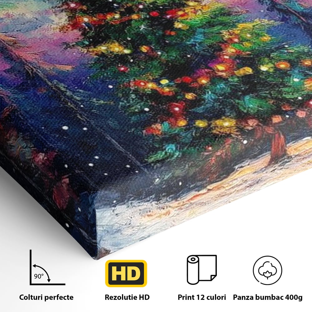 Tablou Canvas Premium LuxCanva® D1052, Aurora Boreala si Magia Bradului , Aurora, Craciun, Luminite, Padure, Instalatie, Living, Culori vibrante