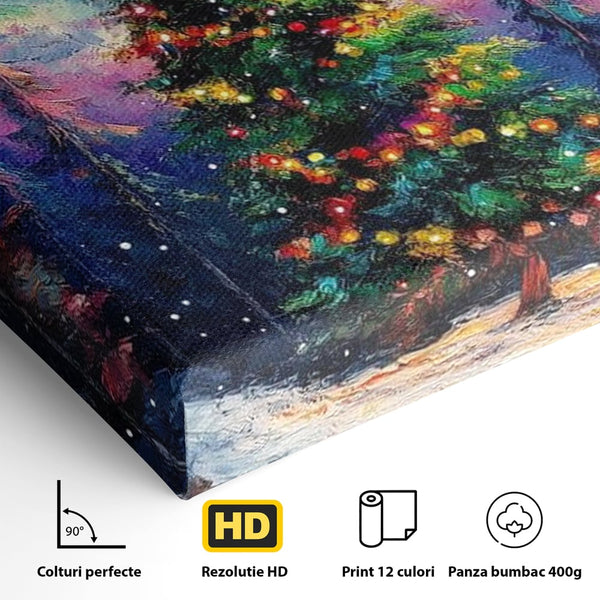 Tablou Canvas Premium LuxCanva® D1052, Aurora Boreala si Magia Bradului , Aurora, Craciun, Luminite, Padure, Instalatie, Living, Culori vibrante