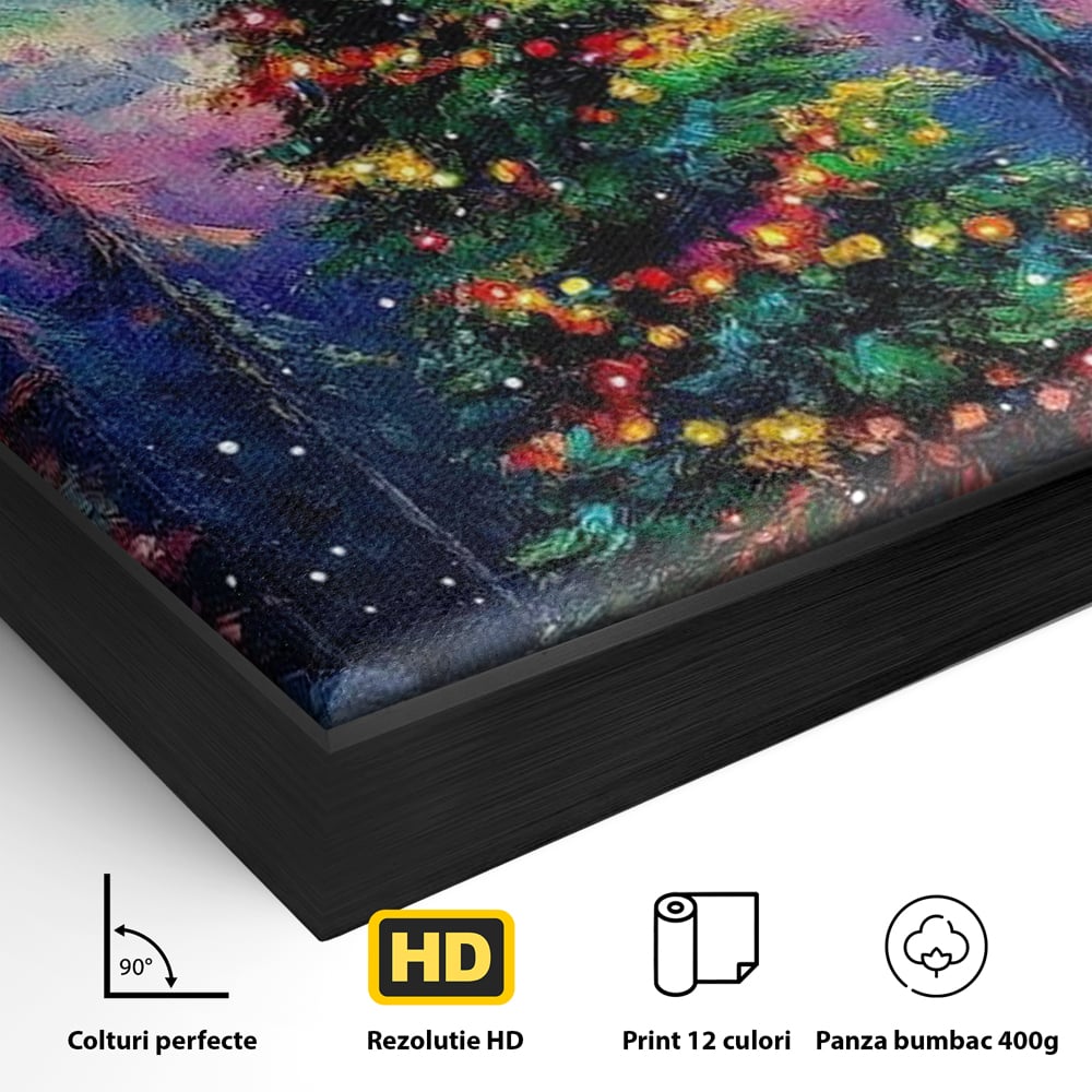 Tablou Canvas Premium LuxCanva® D1052, Aurora Boreala si Magia Bradului , Aurora, Craciun, Luminite, Padure, Instalatie, Living, Culori vibrante