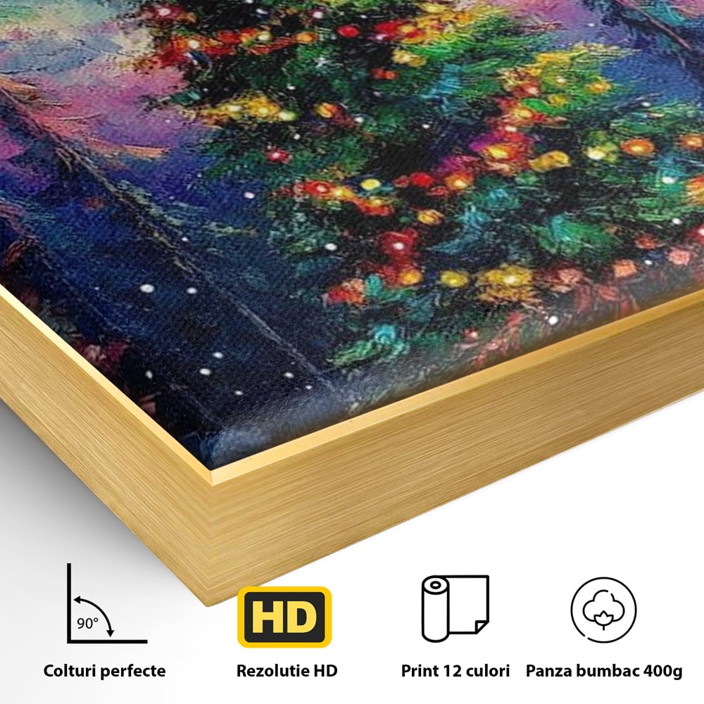 Tablou Canvas Premium LuxCanva® D1052, Aurora Boreala si Magia Bradului , Aurora, Craciun, Luminite, Padure, Instalatie, Living, Culori vibrante