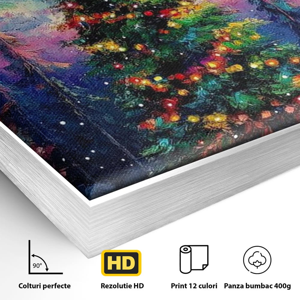 Tablou Canvas Premium LuxCanva® D1052, Aurora Boreala si Magia Bradului , Aurora, Craciun, Luminite, Padure, Instalatie, Living, Culori vibrante