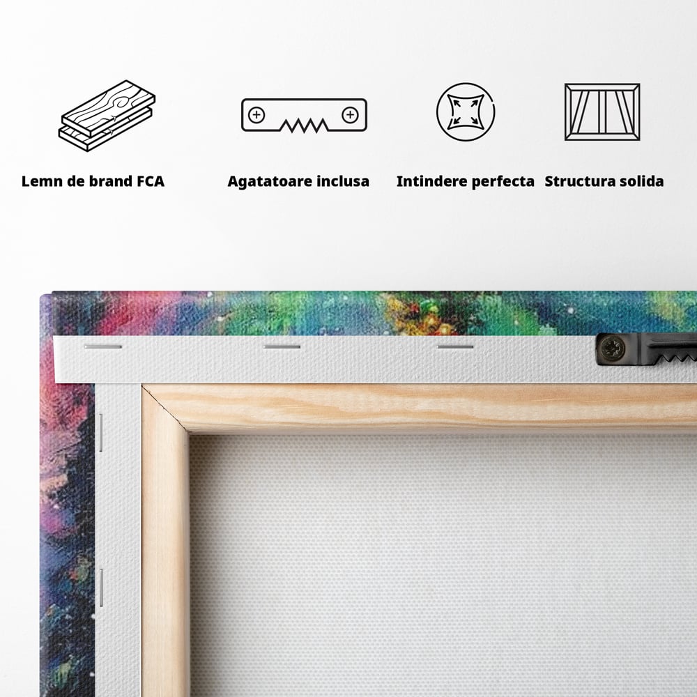 Tablou Canvas Premium LuxCanva® D1052, Aurora Boreala si Magia Bradului , Aurora, Craciun, Luminite, Padure, Instalatie, Living, Culori vibrante