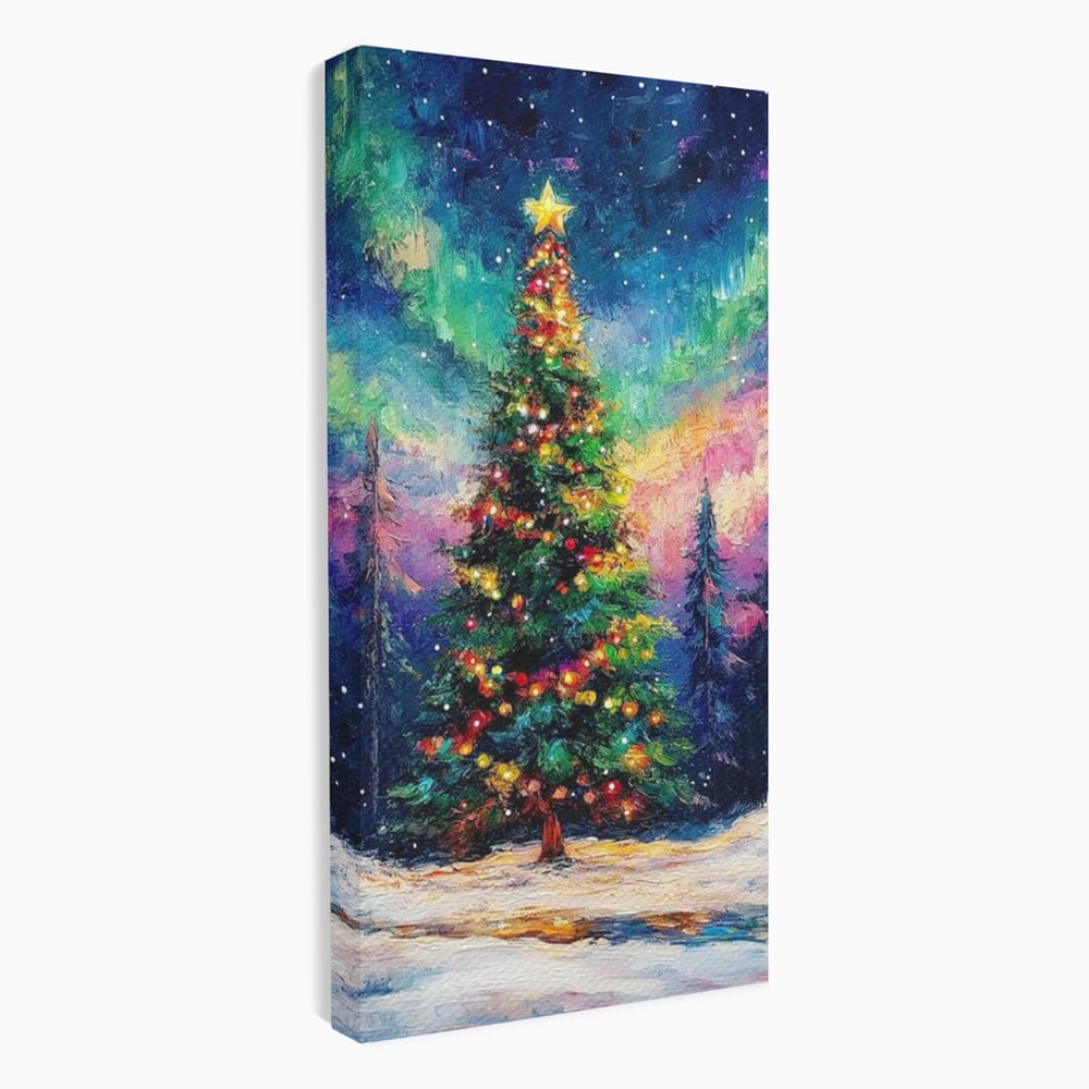 Tablou Canvas Premium LuxCanva® D1052, Aurora Boreala si Magia Bradului , Aurora, Craciun, Luminite, Padure, Instalatie, Living, Culori vibrante