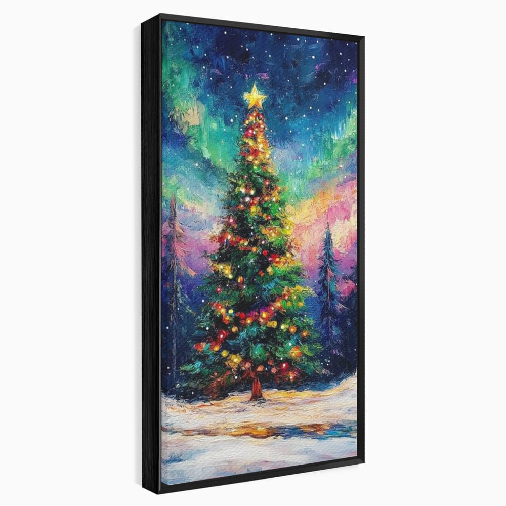 Tablou Canvas Premium LuxCanva® D1052, Aurora Boreala si Magia Bradului , Aurora, Craciun, Luminite, Padure, Instalatie, Living, Culori vibrante