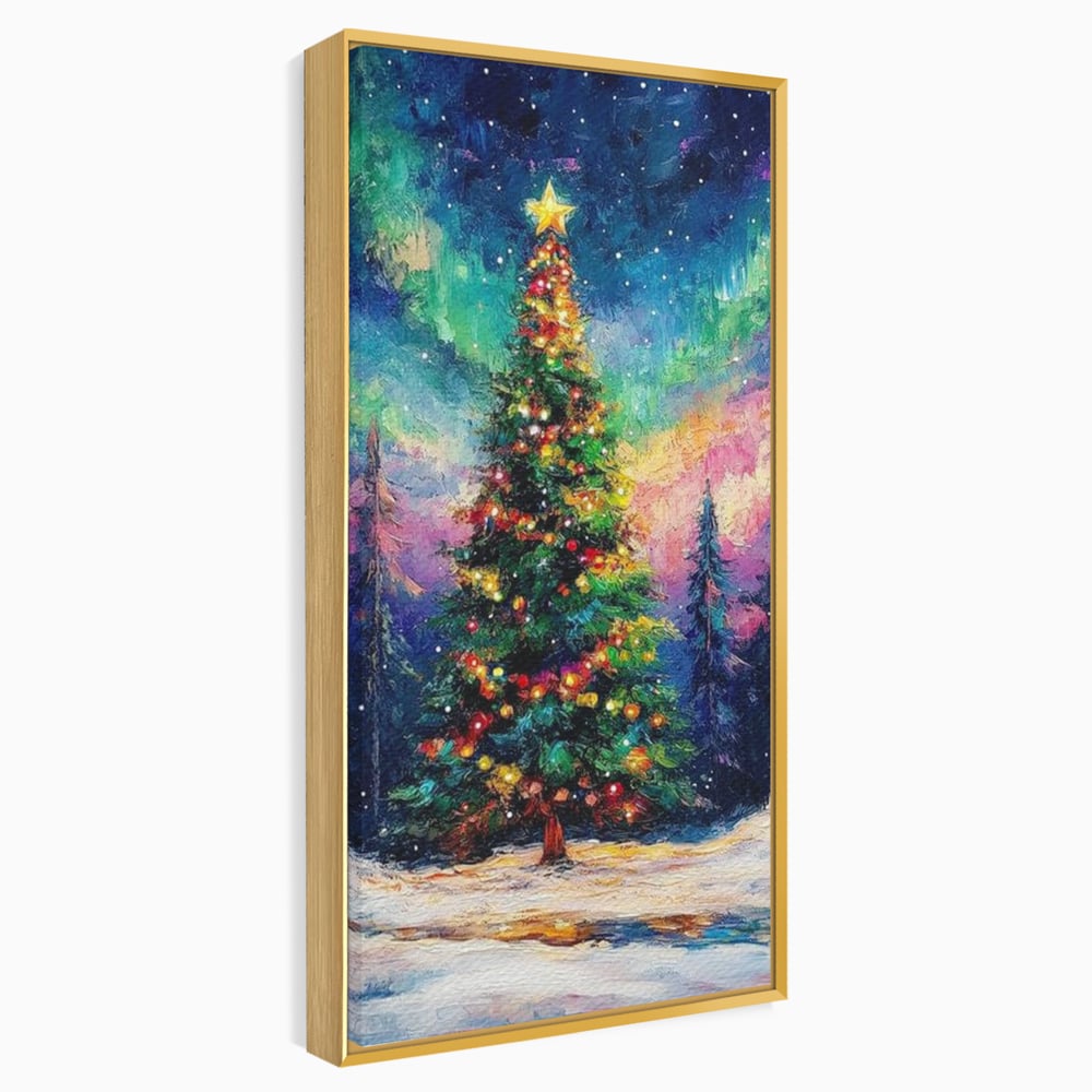 Tablou Canvas Premium LuxCanva® D1052, Aurora Boreala si Magia Bradului , Aurora, Craciun, Luminite, Padure, Instalatie, Living, Culori vibrante