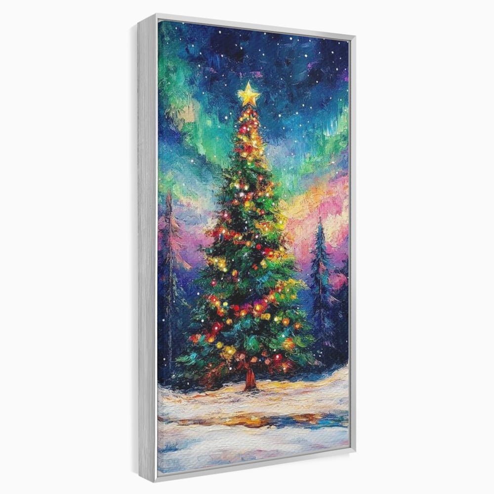 Tablou Canvas Premium LuxCanva® D1052, Aurora Boreala si Magia Bradului , Aurora, Craciun, Luminite, Padure, Instalatie, Living, Culori vibrante
