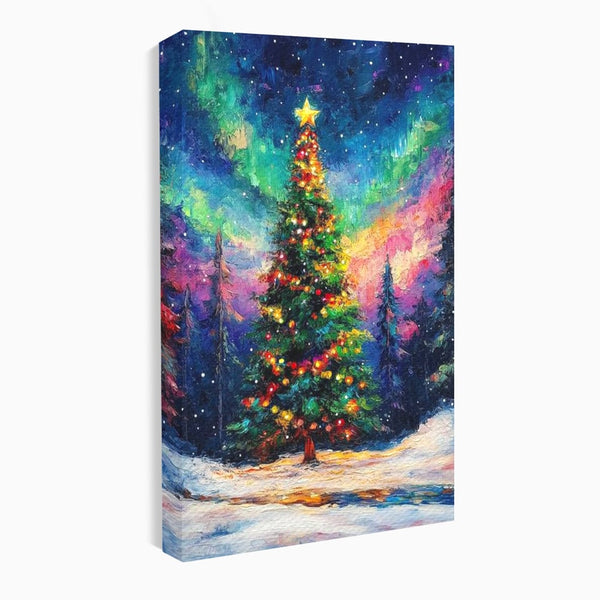 Tablou Canvas Premium LuxCanva® D1052, Aurora Boreala si Magia Bradului , Aurora, Craciun, Luminite, Padure, Instalatie, Living, Culori vibrante
