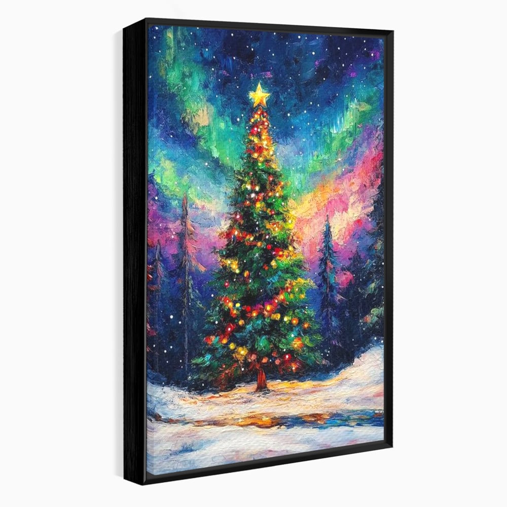 Tablou Canvas Premium LuxCanva® D1052, Aurora Boreala si Magia Bradului , Aurora, Craciun, Luminite, Padure, Instalatie, Living, Culori vibrante