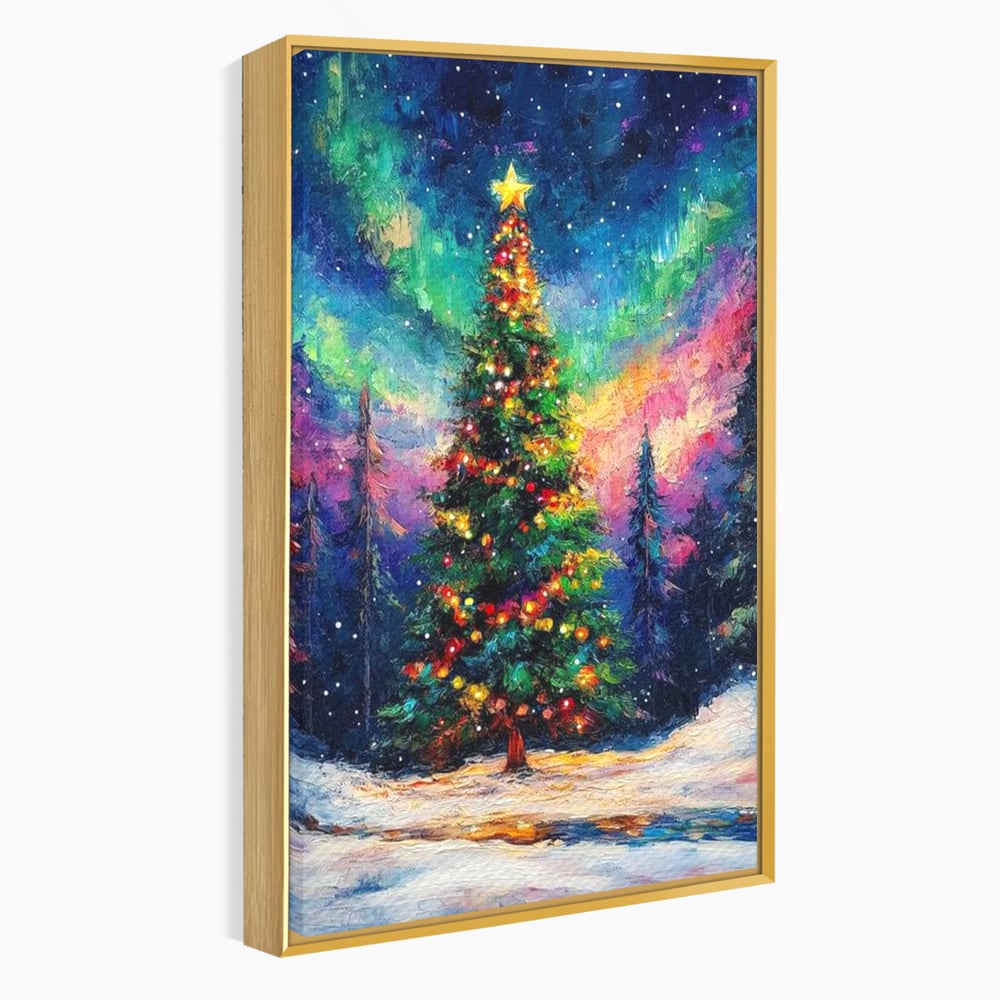 Tablou Canvas Premium LuxCanva® D1052, Aurora Boreala si Magia Bradului , Aurora, Craciun, Luminite, Padure, Instalatie, Living, Culori vibrante