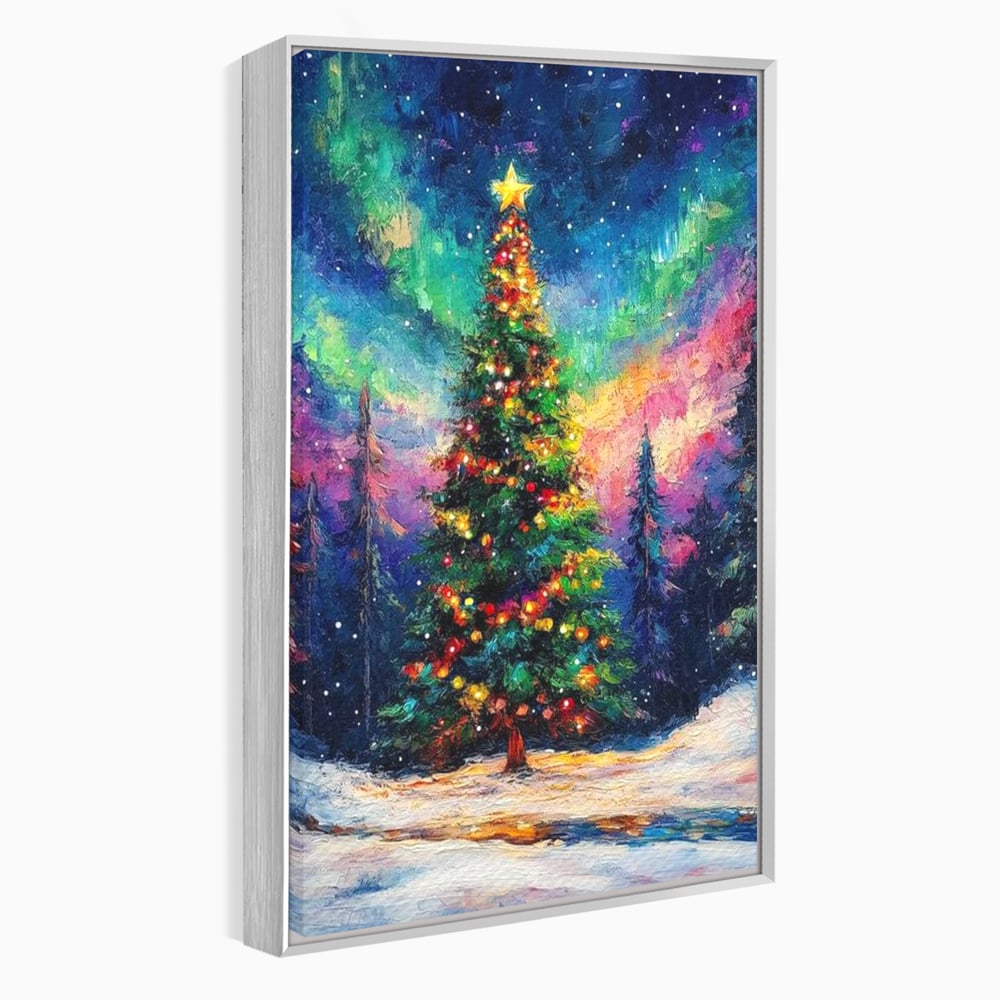 Tablou Canvas Premium LuxCanva® D1052, Aurora Boreala si Magia Bradului , Aurora, Craciun, Luminite, Padure, Instalatie, Living, Culori vibrante