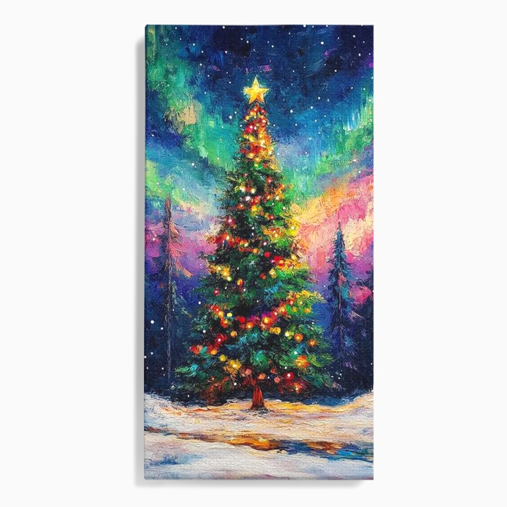 Tablou Canvas Premium LuxCanva® D1052, Aurora Boreala si Magia Bradului , Aurora, Craciun, Luminite, Padure, Instalatie, Living, Culori vibrante