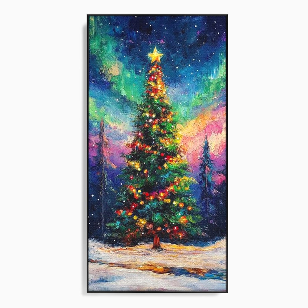 Tablou Canvas Premium LuxCanva® D1052, Aurora Boreala si Magia Bradului , Aurora, Craciun, Luminite, Padure, Instalatie, Living, Culori vibrante
