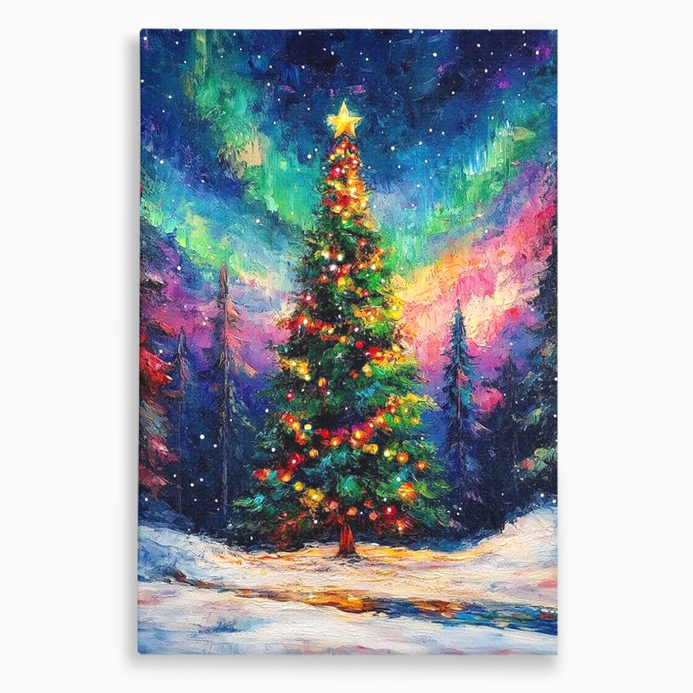 Tablou Canvas Premium LuxCanva® D1052, Aurora Boreala si Magia Bradului , Aurora, Craciun, Luminite, Padure, Instalatie, Living, Culori vibrante