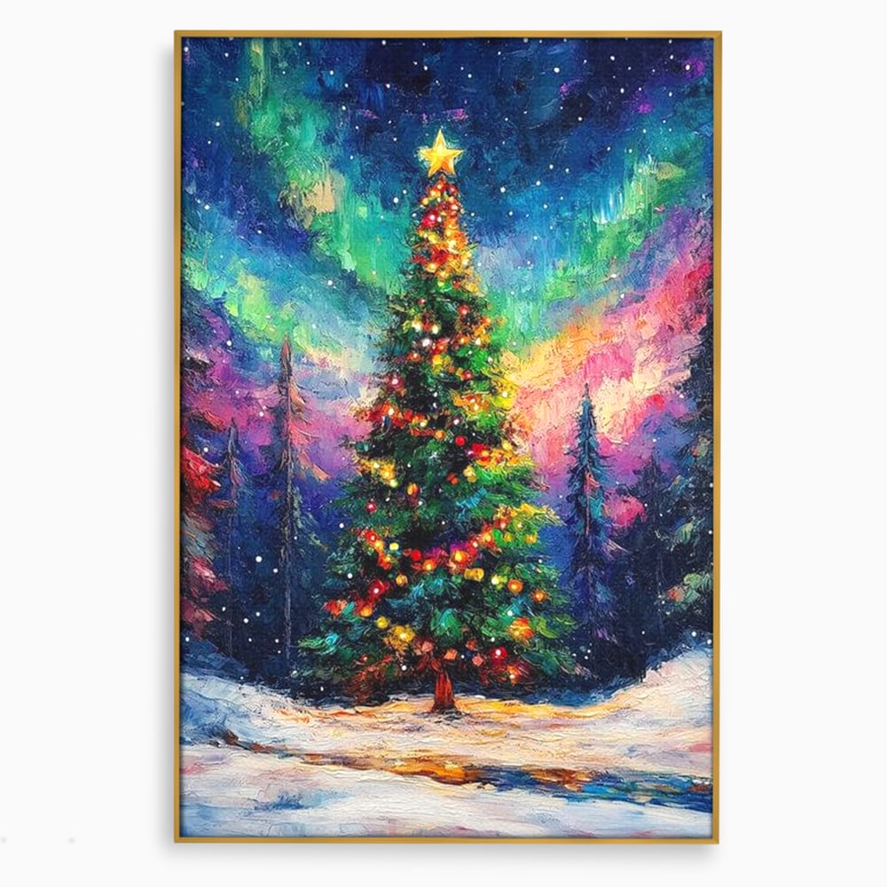 Tablou Canvas Premium LuxCanva® D1052, Aurora Boreala si Magia Bradului , Aurora, Craciun, Luminite, Padure, Instalatie, Living, Culori vibrante