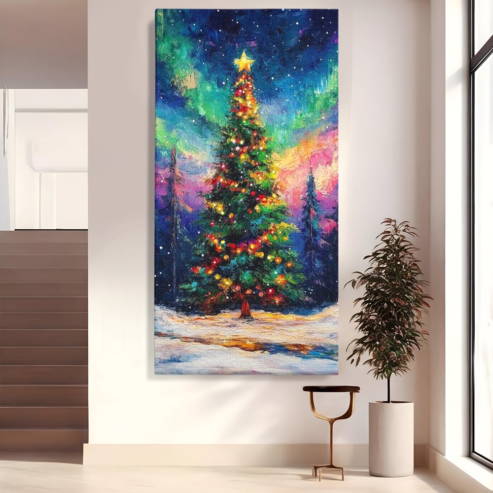 Tablou Canvas Premium LuxCanva® D1052, Aurora Boreala si Magia Bradului , Aurora, Craciun, Luminite, Padure, Instalatie, Living, Culori vibrante