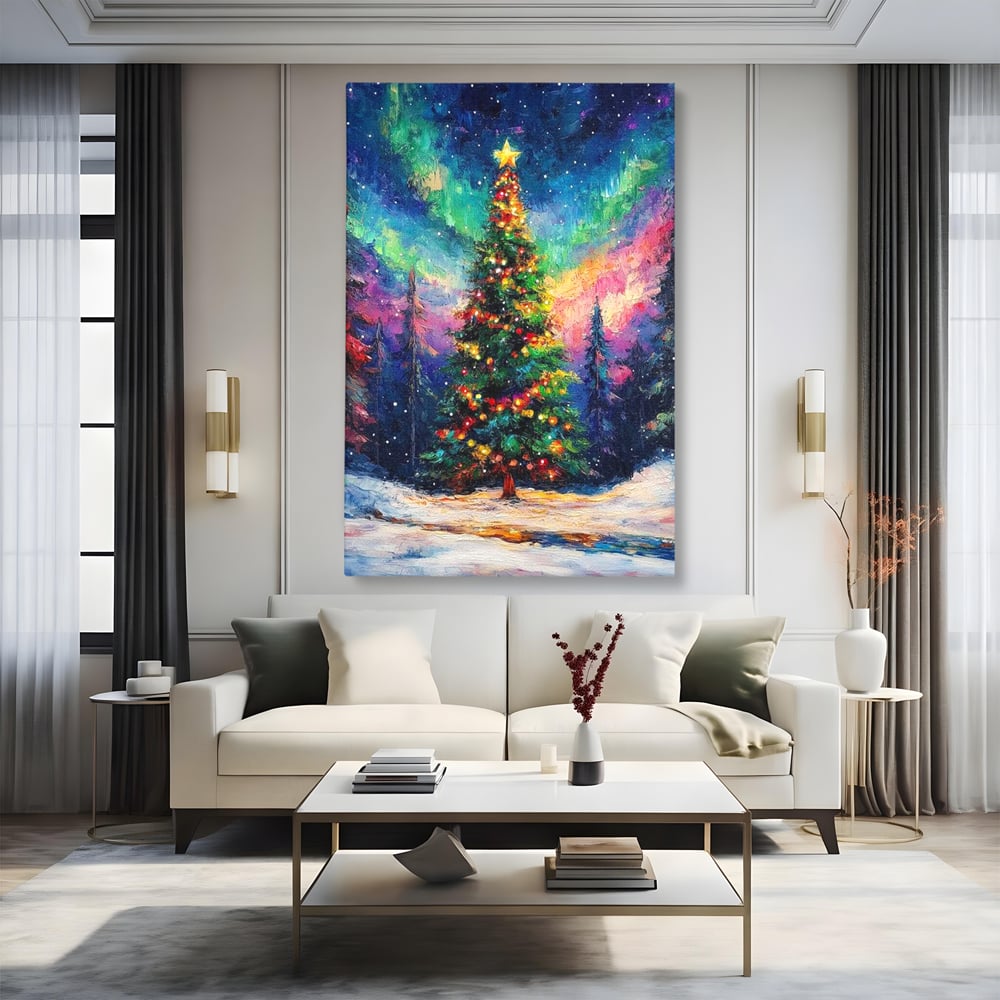 Tablou Canvas Premium LuxCanva® D1052, Aurora Boreala si Magia Bradului , Aurora, Craciun, Luminite, Padure, Instalatie, Living, Culori vibrante