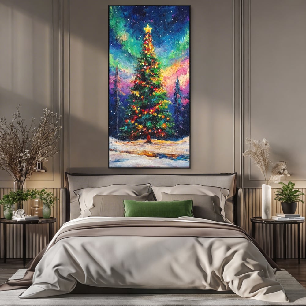 Tablou Canvas Premium LuxCanva® D1052, Aurora Boreala si Magia Bradului , Aurora, Craciun, Luminite, Padure, Instalatie, Living, Culori vibrante