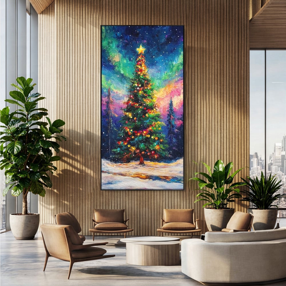 Tablou Canvas Premium LuxCanva® D1052, Aurora Boreala si Magia Bradului , Aurora, Craciun, Luminite, Padure, Instalatie, Living, Culori vibrante