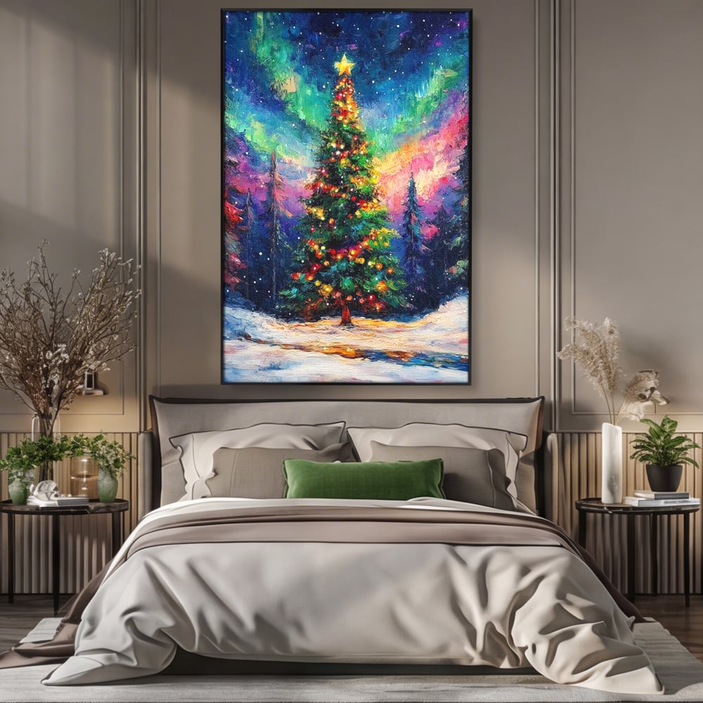 Tablou Canvas Premium LuxCanva® D1052, Aurora Boreala si Magia Bradului , Aurora, Craciun, Luminite, Padure, Instalatie, Living, Culori vibrante