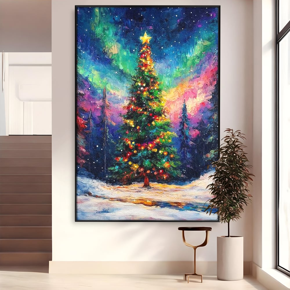 Tablou Canvas Premium LuxCanva® D1052, Aurora Boreala si Magia Bradului , Aurora, Craciun, Luminite, Padure, Instalatie, Living, Culori vibrante